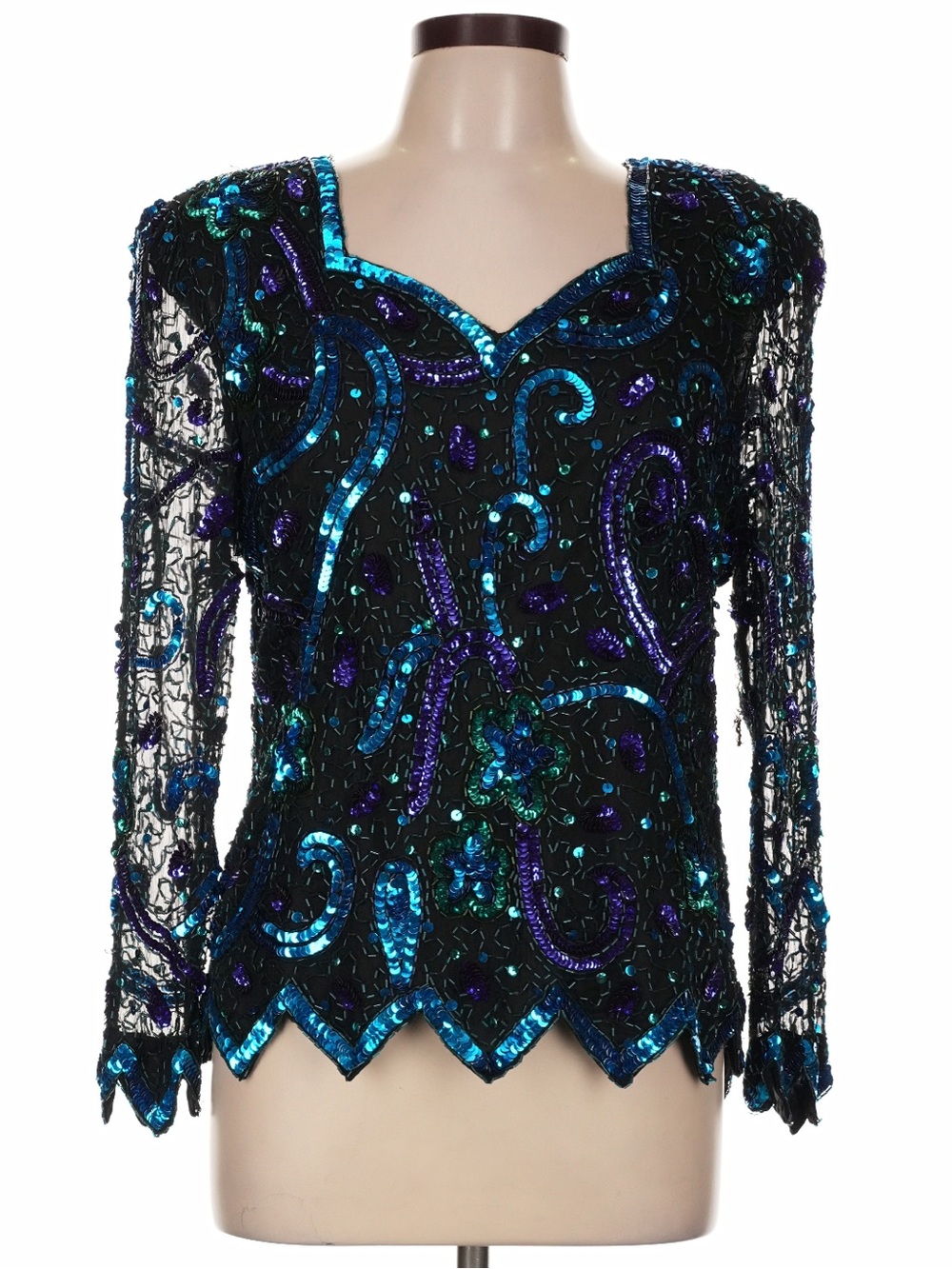 Vintage Laurence Kazar Black Teal Purple Beaded Sequin Silk Evening Blouse Top